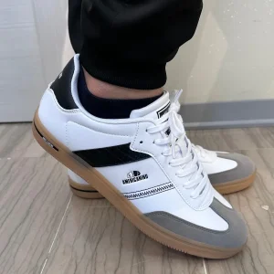 SNEAKERS UOMO AMERICANINO BIANCHE CON DETTAGLI NERI E GRIGI - SUOLA BEIGE IN GOMMA