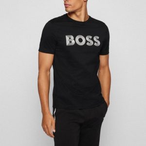 HUGO BOSS T-SHIRT IN COTONE ELASTICIZZATO CON LOGO GRAFICO A CONTRASTO_NERO