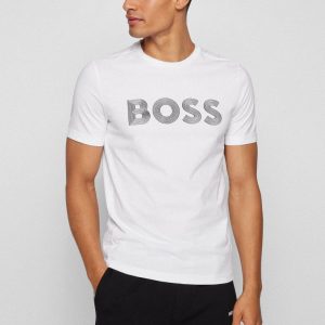 HUGO BOSS T-SHIRT IN COTONE ELASTICIZZATO CON LOGO GRAFICO A CONTRASTO_BIANCA