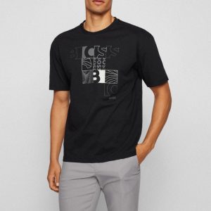 HUGO BOSS T-SHIRT IN JERSEY DI COTONE CON GRAFICA CON LOGO_NERO