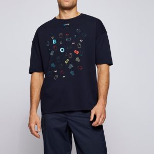 HUGO BOSS T-SHIRT RELAXED FIT IN COTONE CON GRAFICA REALIZZATA CON TECNICHE MISTE_NAVY