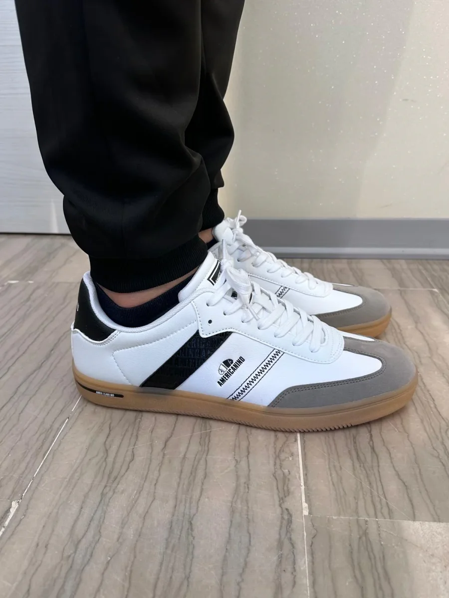 SNEAKERS UOMO AMERICANINO BIANCHE CON DETTAGLI NERI E GRIGI - SUOLA BEIGE IN GOMMA - immagine 3