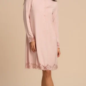 CAMICIA DA NOTTE TINTA UNITA CON PIZZO - ROSA PEPITA