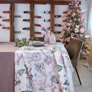 Tovaglia Natalizia Antimacchia - Decorazioni Rosa e Verde