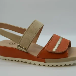 Ziviani Sandalo Bicolore Due  Fasce A  Velcro CA3078 Camoscio Beige Vitello Arancio