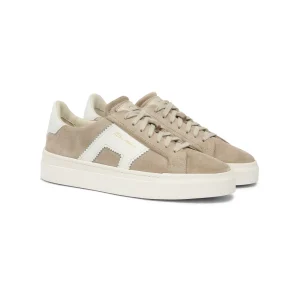 Santoni Double Buckle sneakers in suede beige e pelle bianca