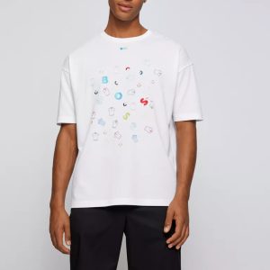HUGO BOSS T-SHIRT RELAXED FIT IN COTONE CON GRAFICA REALIZZATA CON TECNICHE MISTE_BIANCO